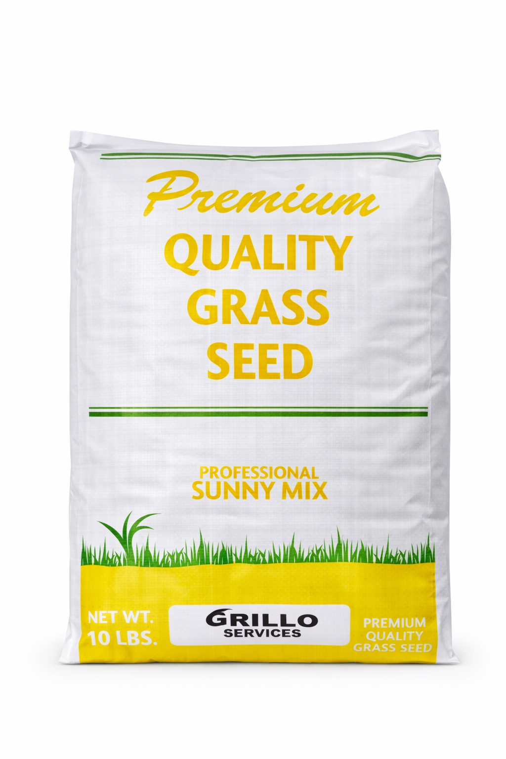 10 lb Grillo Services Premium Quality Grass Seed bag, Professional Sunny Mix, on a clean white background