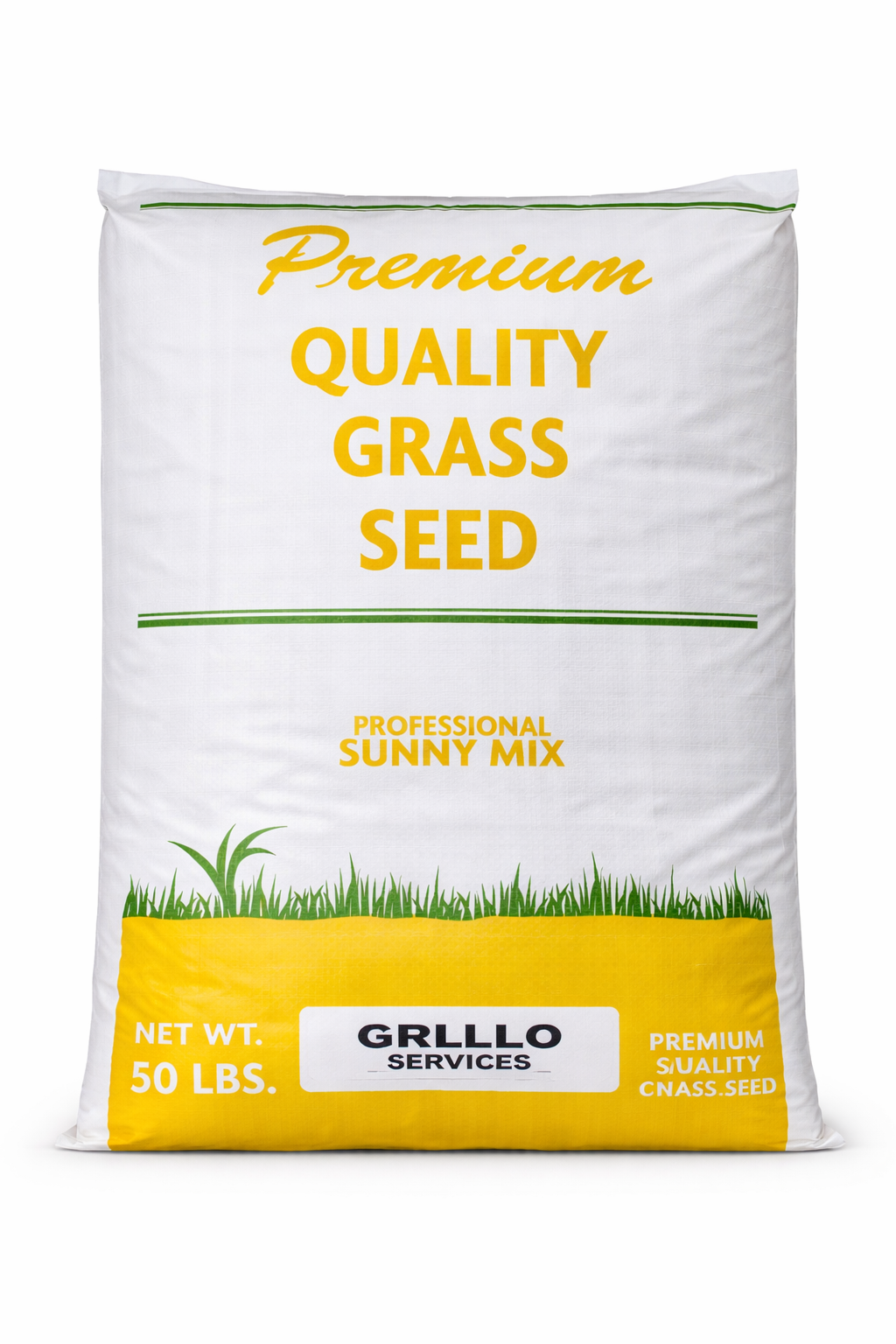 50 lb Grillo Services Premium Quality Grass Seed bag, Professional Sunny Mix, on a clean white background